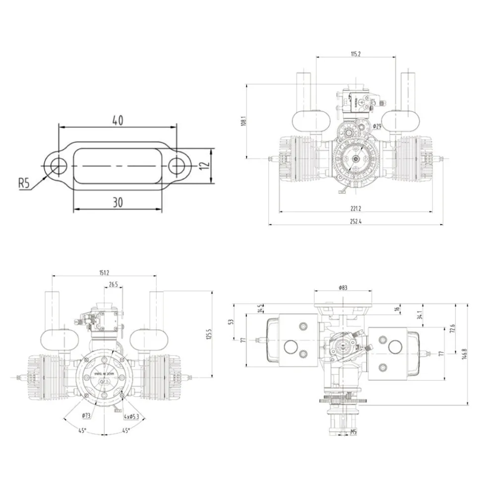 70cc Horizontally Opposed Twin-Cylinder Two-Stroke Air-Cooled Gasoline Engine Model with Electric Starter for Fixed-Wing RC Airplanes