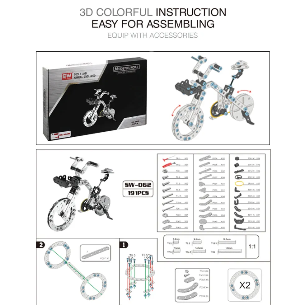 3D Metal Puzzle Bicycle Assembly Kit DIY Model Toys Kit Adults Kids -191PCS