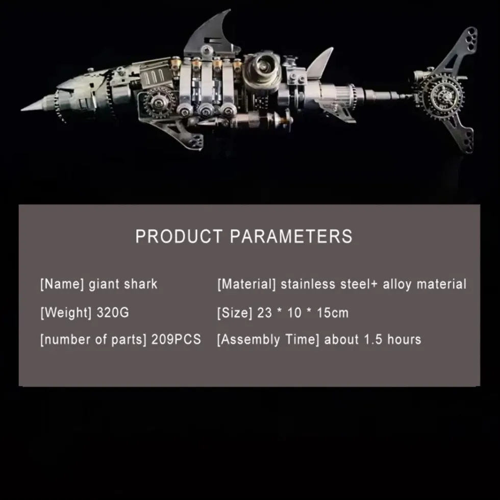 3D Puzzle Model Kit Mechanical Shark with Display Platform Metal Games DIY Assembly Jigsaw Crafts Creative Gift-209PCS
