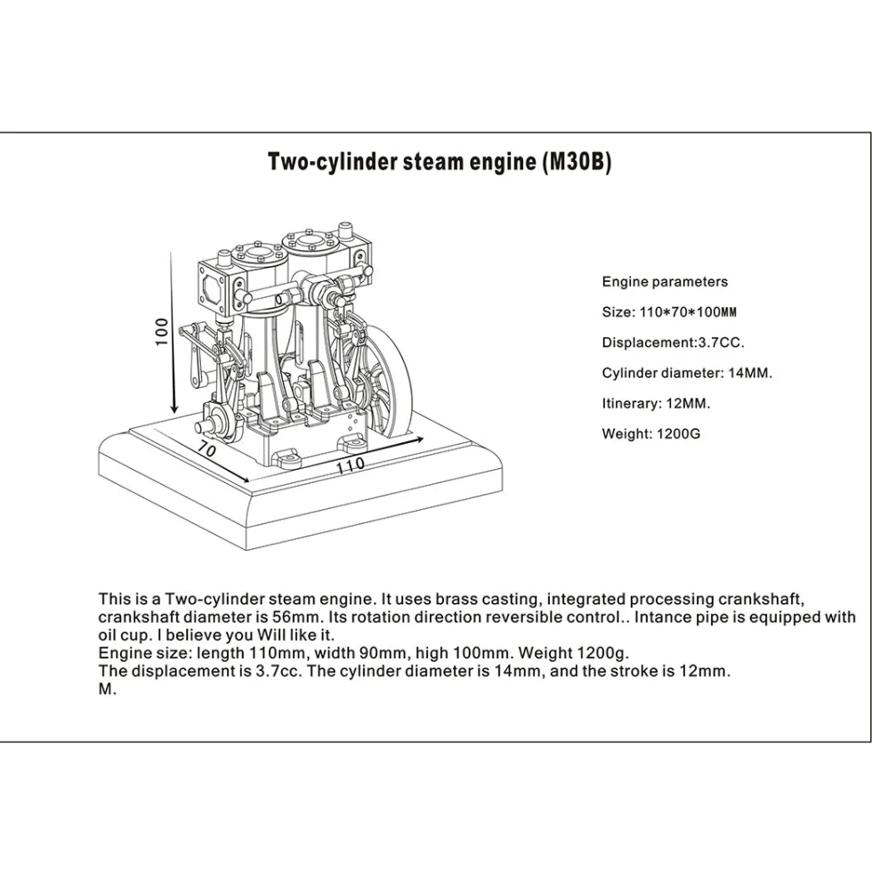 M30B 3.7CC Mini Retro Vertical Double-cylinder Reciprocating Double-acting Steam Engine Model Toys