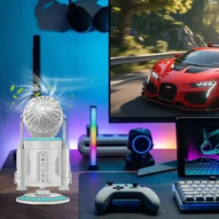 Rocket-Style Desktop Fan with Dual Mist Spray & RGB Lights - Ultra-Quiet Tech Decor for Office