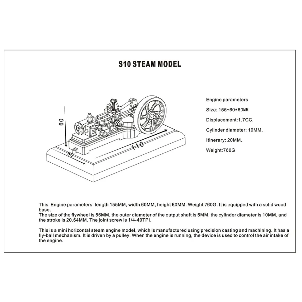 S10 1.7CC Mini Retro Horizontal Single-cylinder Reciprocating Double-acting Mill Steam Engine Model Toys with Speed Reducer