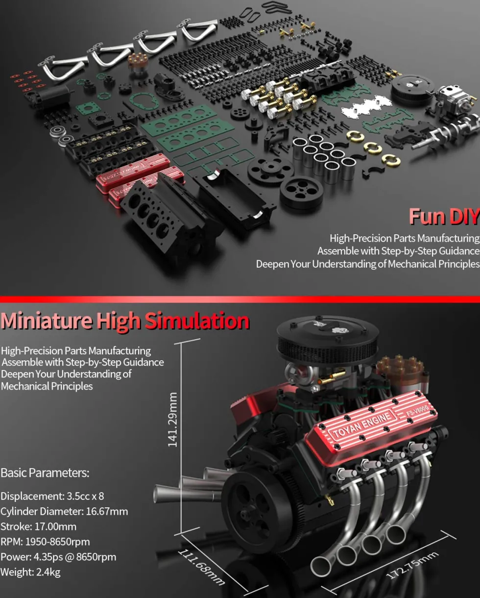TOYAN V8 Engine FS-V800WGPC 28cc OHV Gasoline Engine - Build Your Own V8 Engine - V8 Engine Model Kit That Works