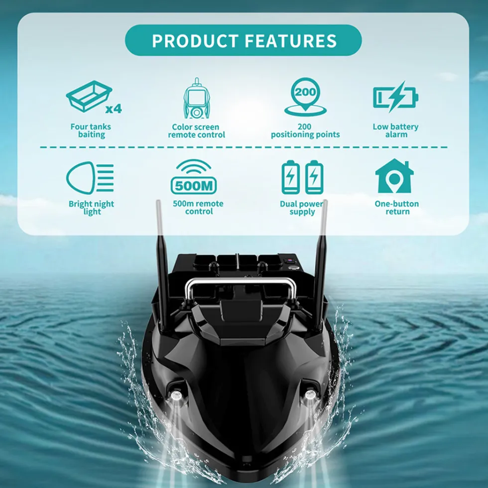 V803 RC Bait Boat - 4-Compartment, Dual Antenna, 4 Fishing Zones, 200 Waypoints